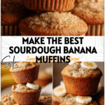 Fluffy Banana Sourdough Muffins stacked on a plate made with sourdough discard and fresh banana slices